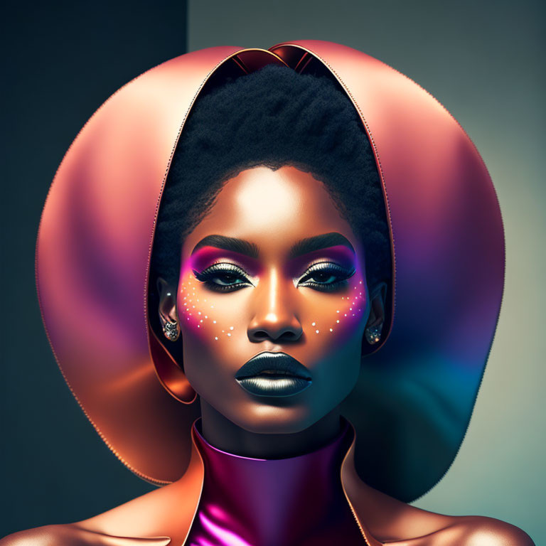 Vibrant digital art portrait of a woman with striking makeup and futuristic hat