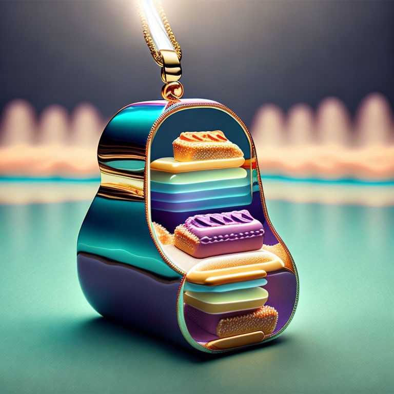 Colorful Digital Artwork: Matryoshka Doll Cake Pendant on Soft-Focus Background