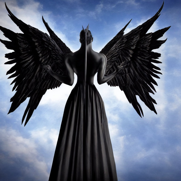 Figure with Large Black Wings in Long Dress Against Cloudy Sky