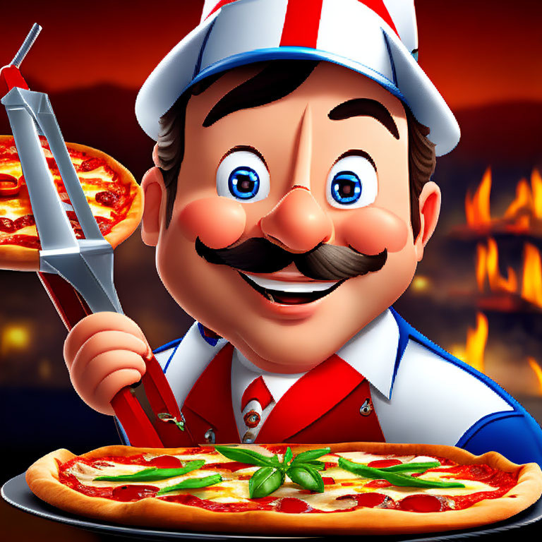 Animated pizza chef with pizza cutter and freshly baked pizza in front of blazing oven