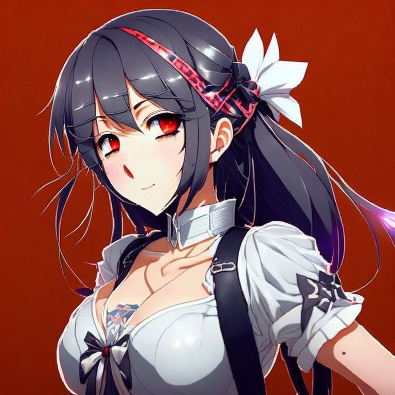 Black Hair, Red Eyes, Off-Shoulder Blouse: Anime-Style Female Character Details