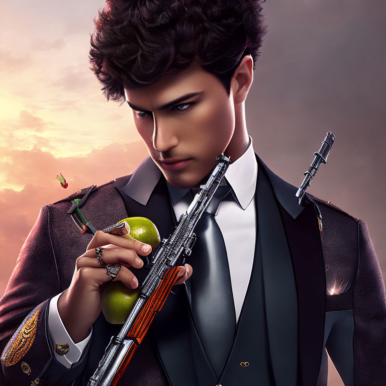 Stylized image of man in suit with sniper rifle and floating apple and bullet.