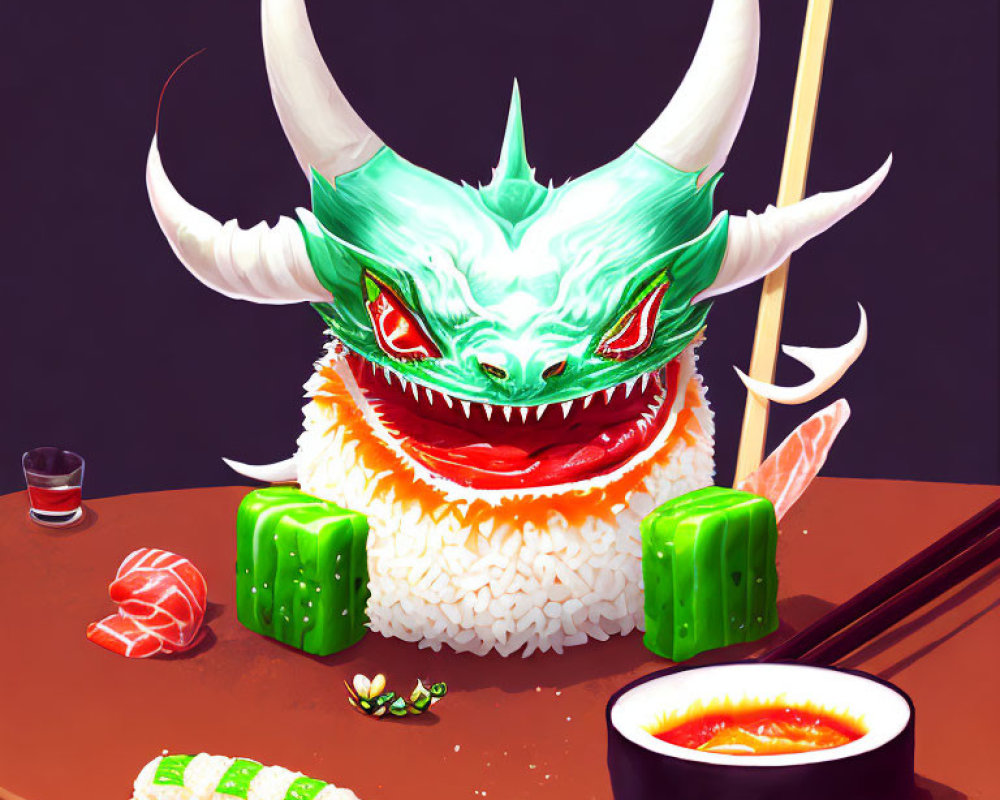 Dragon rice ball surrounded by sushi, sashimi, chopsticks, and sauce.
