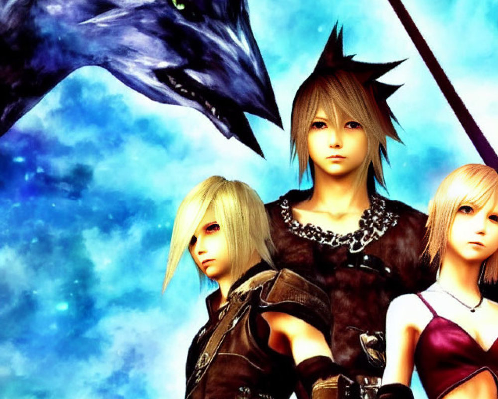 Three characters with unique hairstyles under celestial sky with large blue wolf head