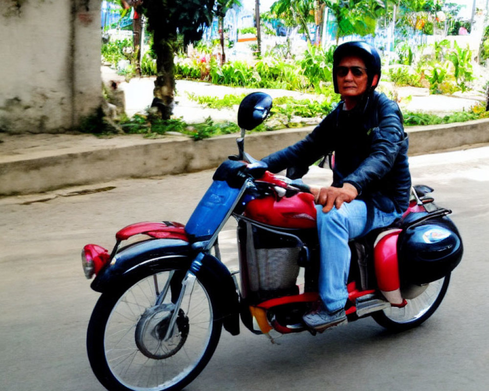 Motorcyclist in helmet and sunglasses rides red and blue bike on paved road