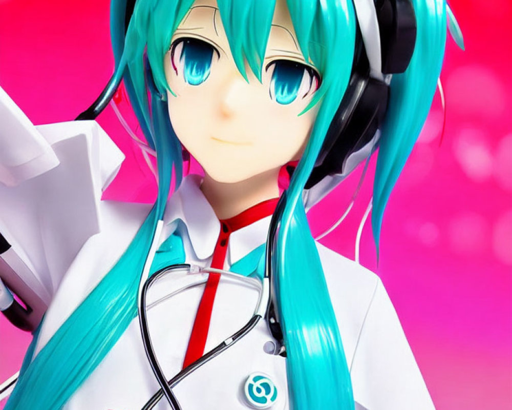 Vibrant teal-haired animated character in lab coat with stethoscope on pink background