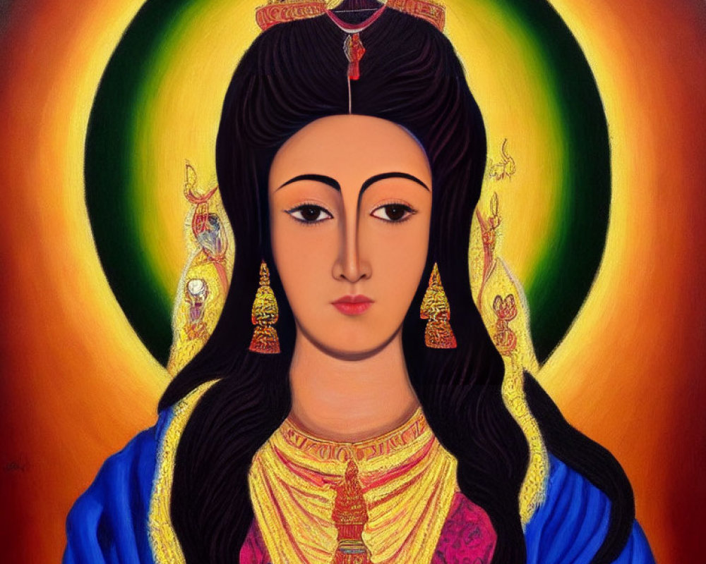 Traditional Eastern Figure with Halo in Ornate Attire on Gradient Background
