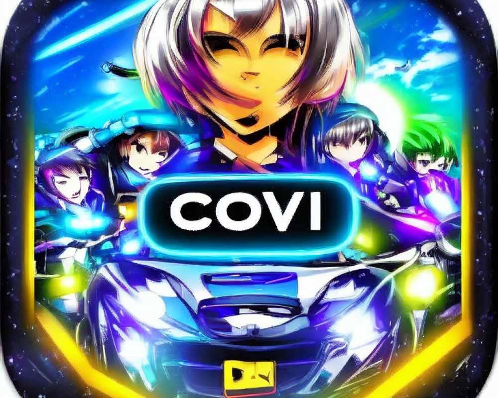Colorful Stylized Car with Futuristic Characters and "COVI" Text