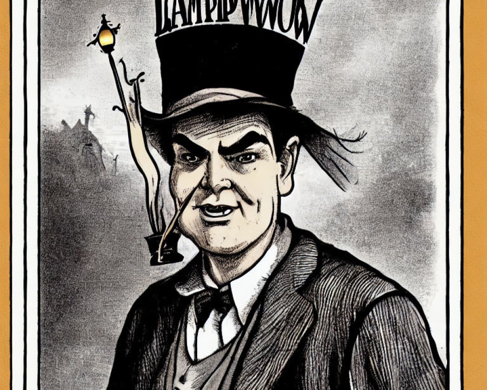 Illustration of stern man in top hat with Cyrillic text, holding scepter with small figure or