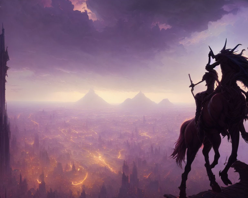 Silhouette of horseback rider gazing at fantasy city and volcanic mountains at dusk