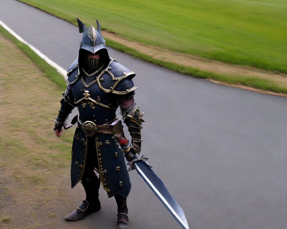 Medieval knight in full armor with sword walking by grassy path