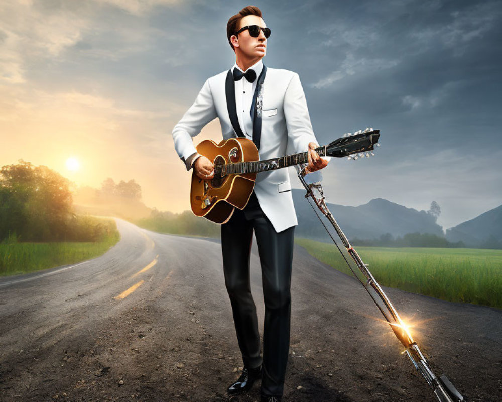 Stylish Man in White Tuxedo with Guitar on Empty Road at Dawn
