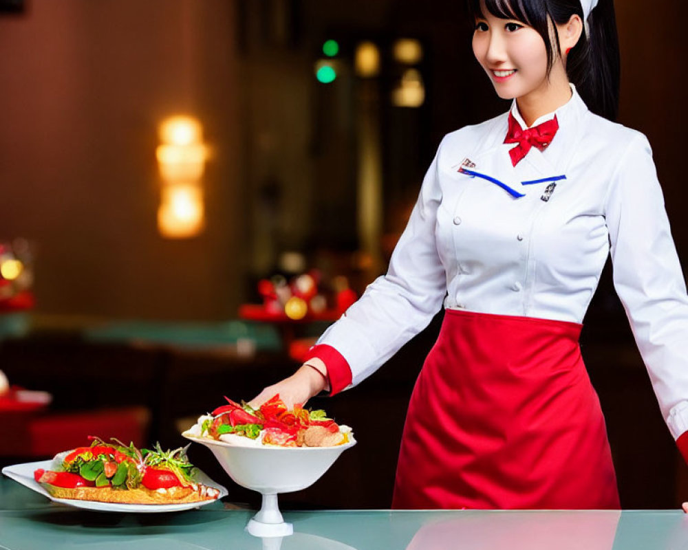 Female server in white and red uniform presenting food in restaurant setting