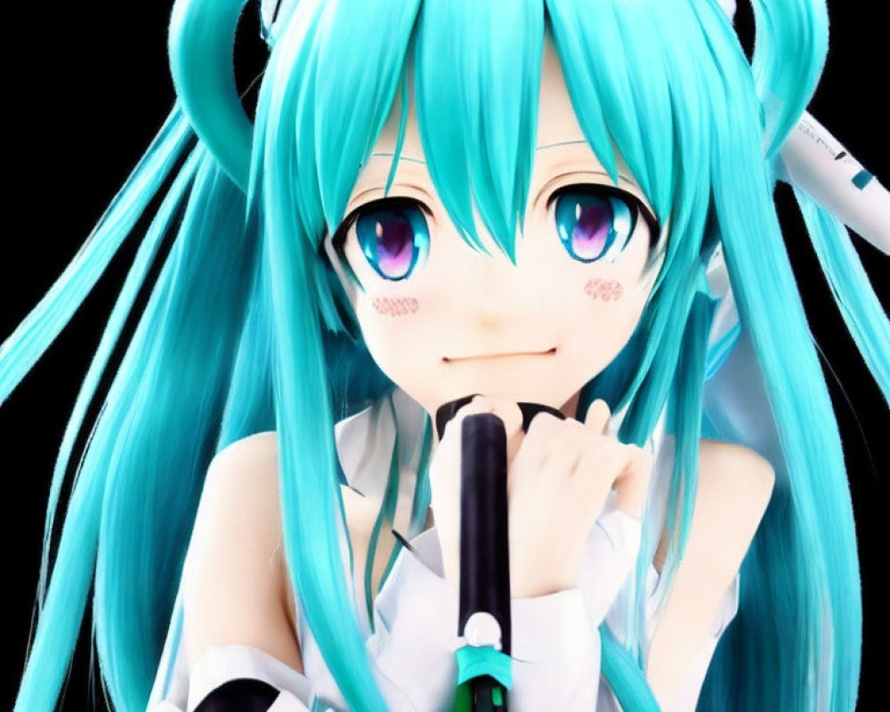 Turquoise Twintailed Anime Character with Green Microphone