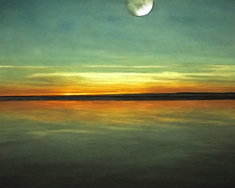 Serene lake painting: vibrant sunset, full moon at dusk