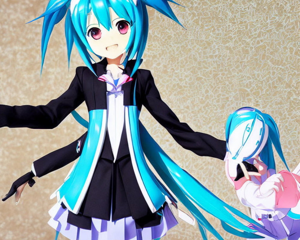 Illustration of virtual pop idol with turquoise twin tails in black school uniform