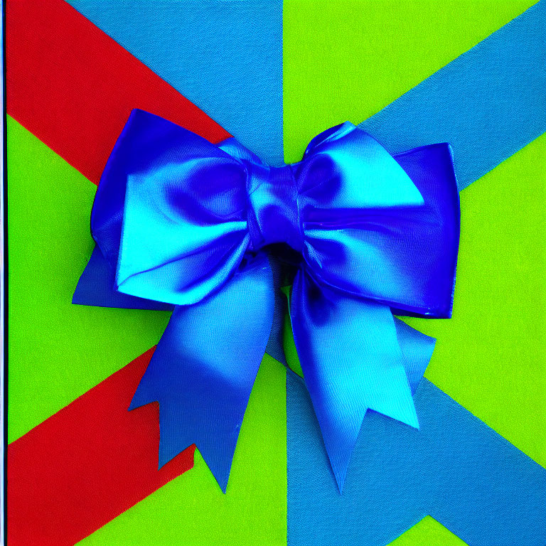 Blue Satin Bow on Bright Geometric Pattern Background in Green, Yellow, Red, Blue
