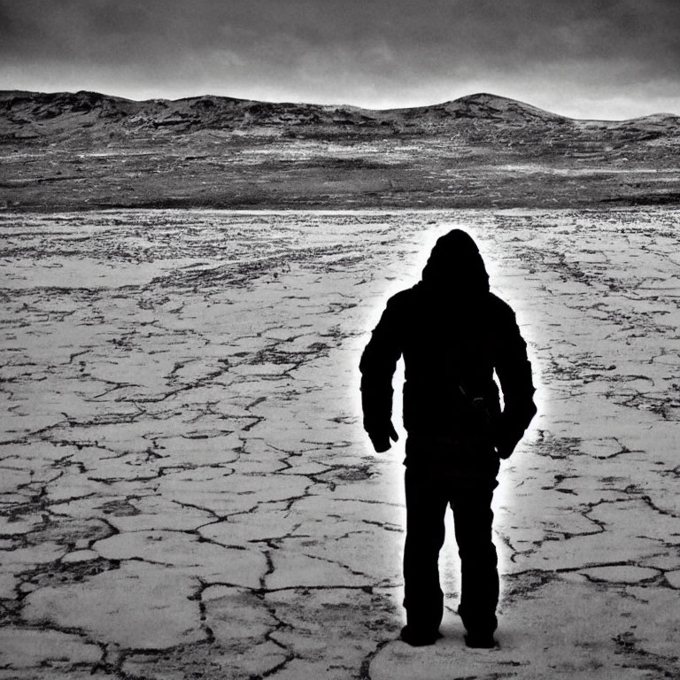 Barren landscape with silhouetted figure and dramatic sky