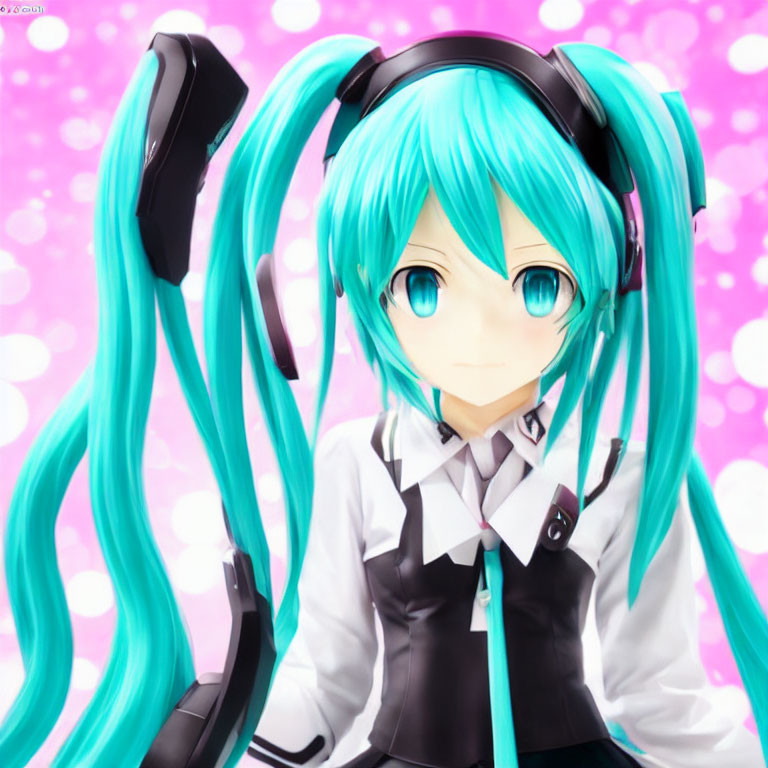 Colorful anime character with turquoise hair and headset in black and white outfit on pink bokeh.