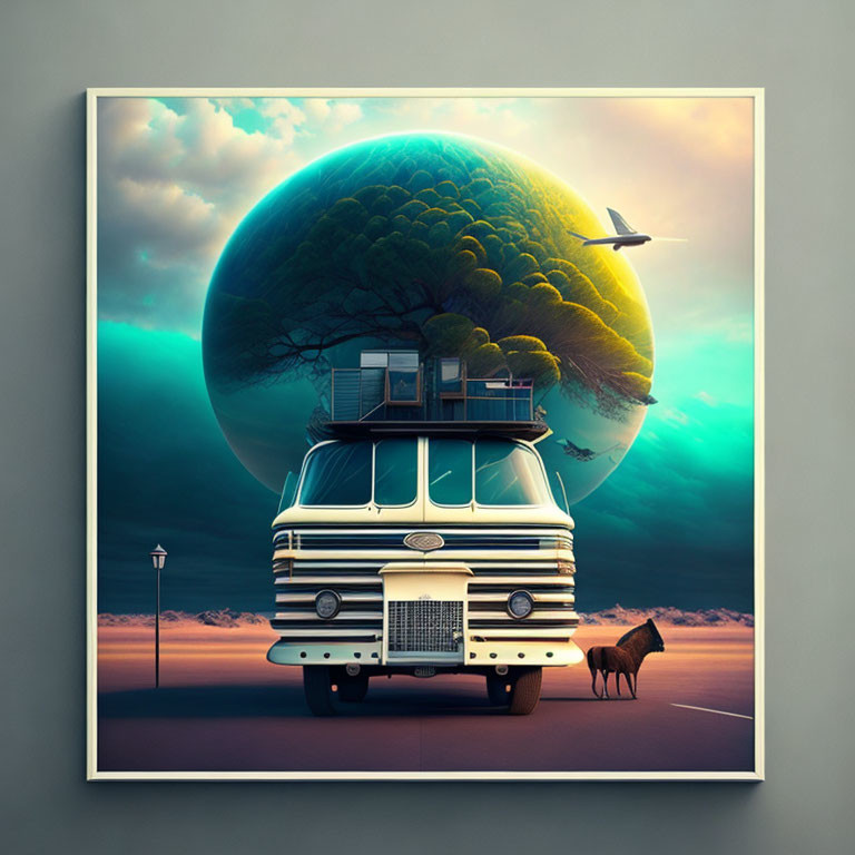 Surreal art: Classic van with tree globe, horse, dreamy dusk sky