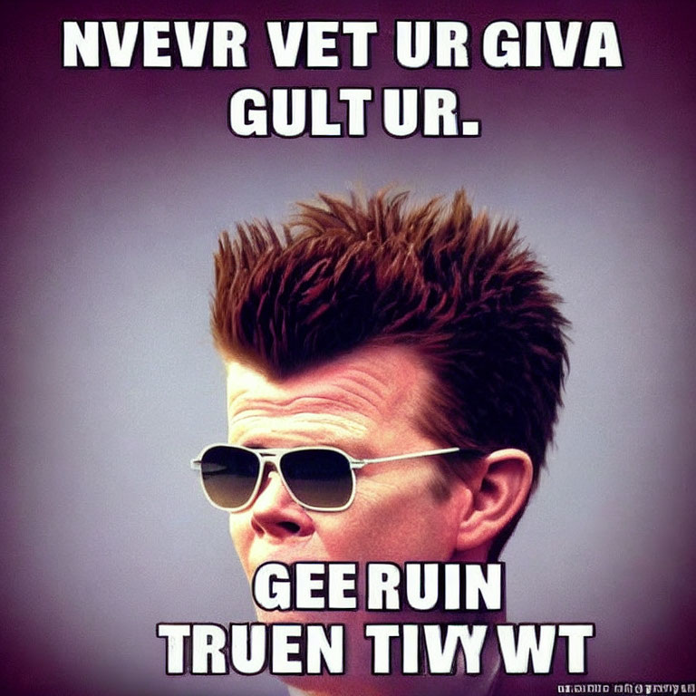 Spiky-haired person with sunglasses and misspelled text overlay.
