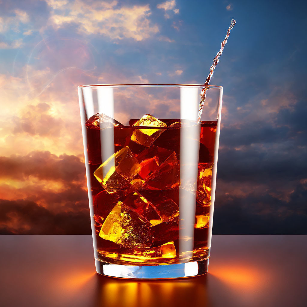 Glass of Ice and Amber Liquid Against Dramatic Sunset Sky
