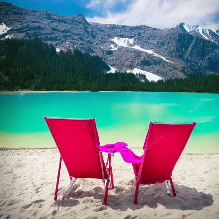 Red beach chairs on sandy shore overlooking turquoise lake and snow-capped mountains