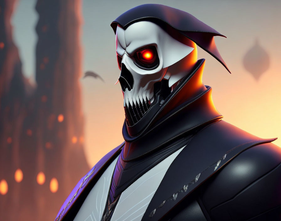 Stylized animated character with skull face and red eye in black armor on fiery backdrop