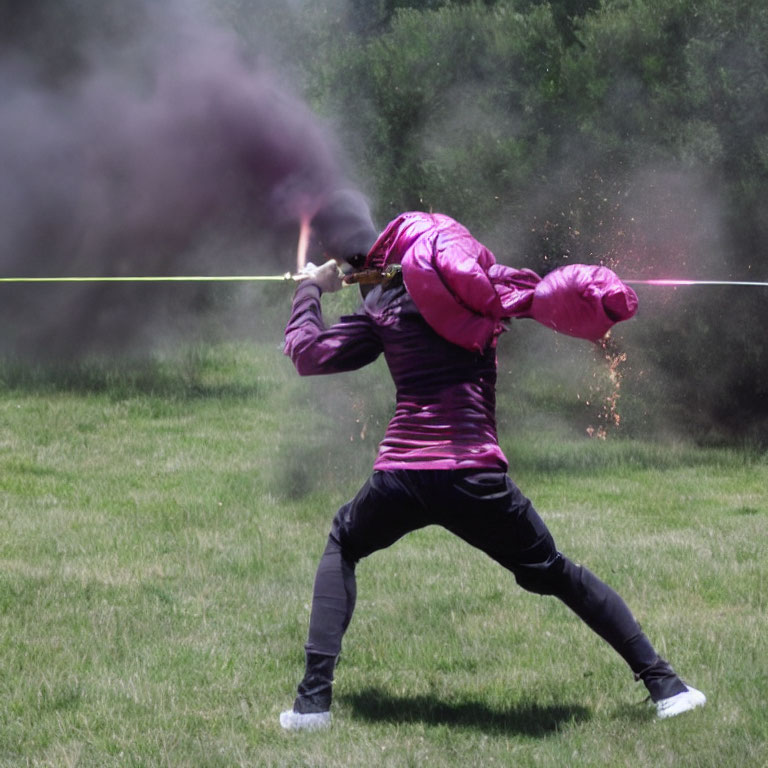 Purple jacket person ignites Roman candle firework with sparks and smoke.