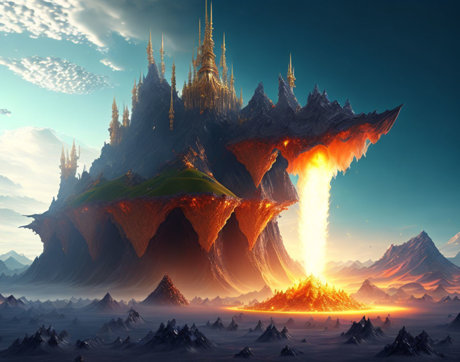 Fantasy landscape with floating island above molten lava and majestic spires.