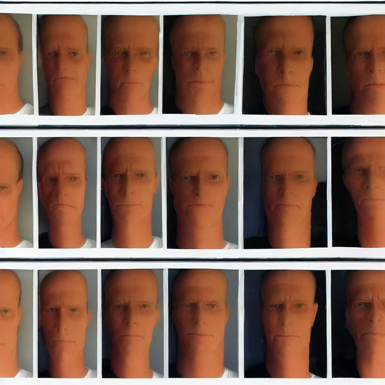 Shelves of Neutral Male Mannequin Heads Displayed in Rows