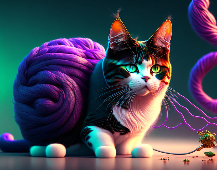 Colorful Digital Illustration: Cat with Green Eyes and Purple Yarn Ball
