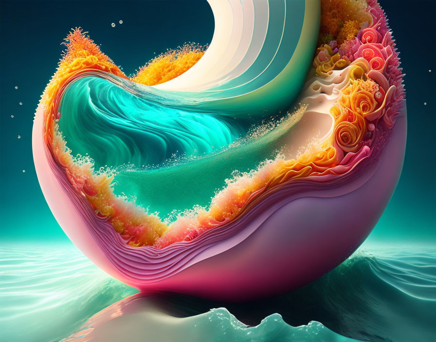 Abstract Digital Artwork: Vibrant Swirling Form with Petal-like Layers in Serene Water