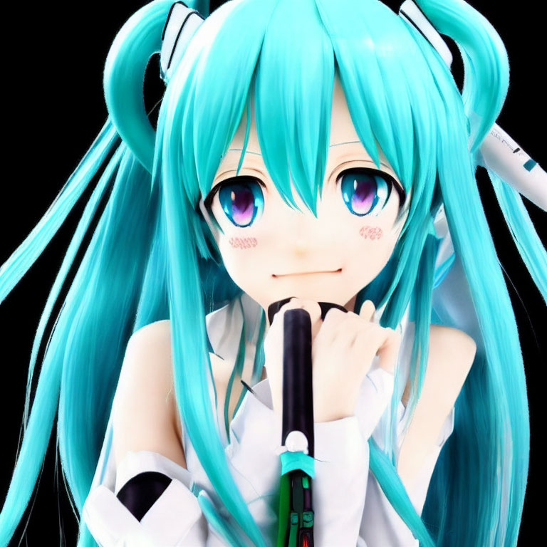 Turquoise Twintailed Anime Character with Green Microphone