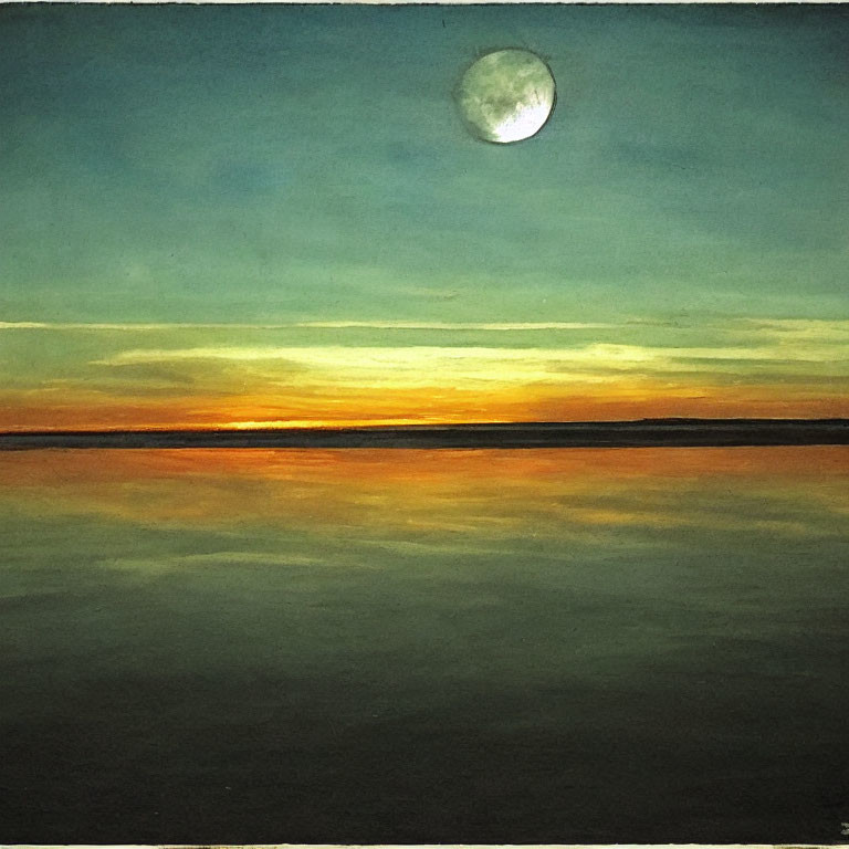 Serene lake painting: vibrant sunset, full moon at dusk
