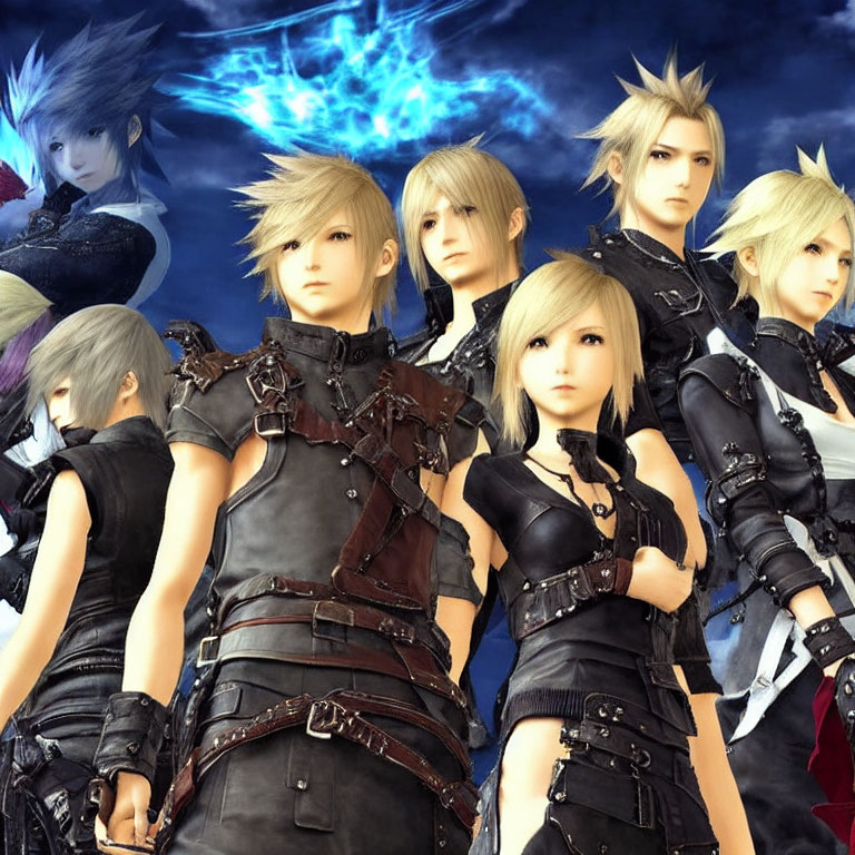 Animated characters with unique hairstyles and leather outfits posing heroically with blue energy orb