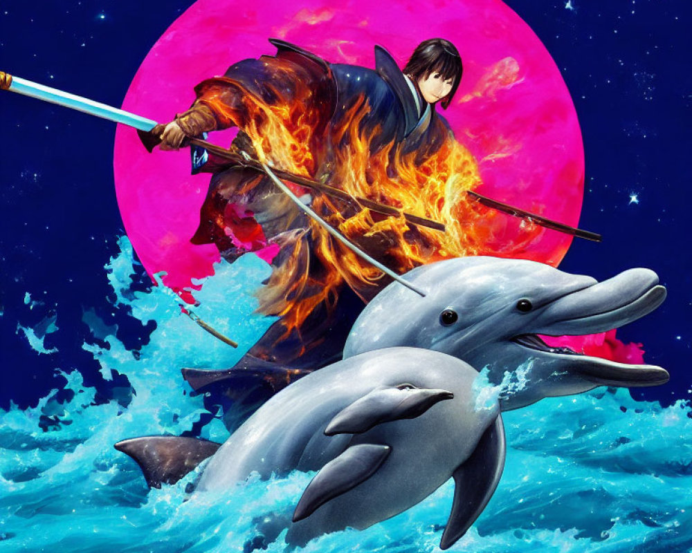 Person with flaming spear rides dolphins over waves under pink moon