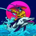 Person with flaming spear rides dolphins over waves under pink moon