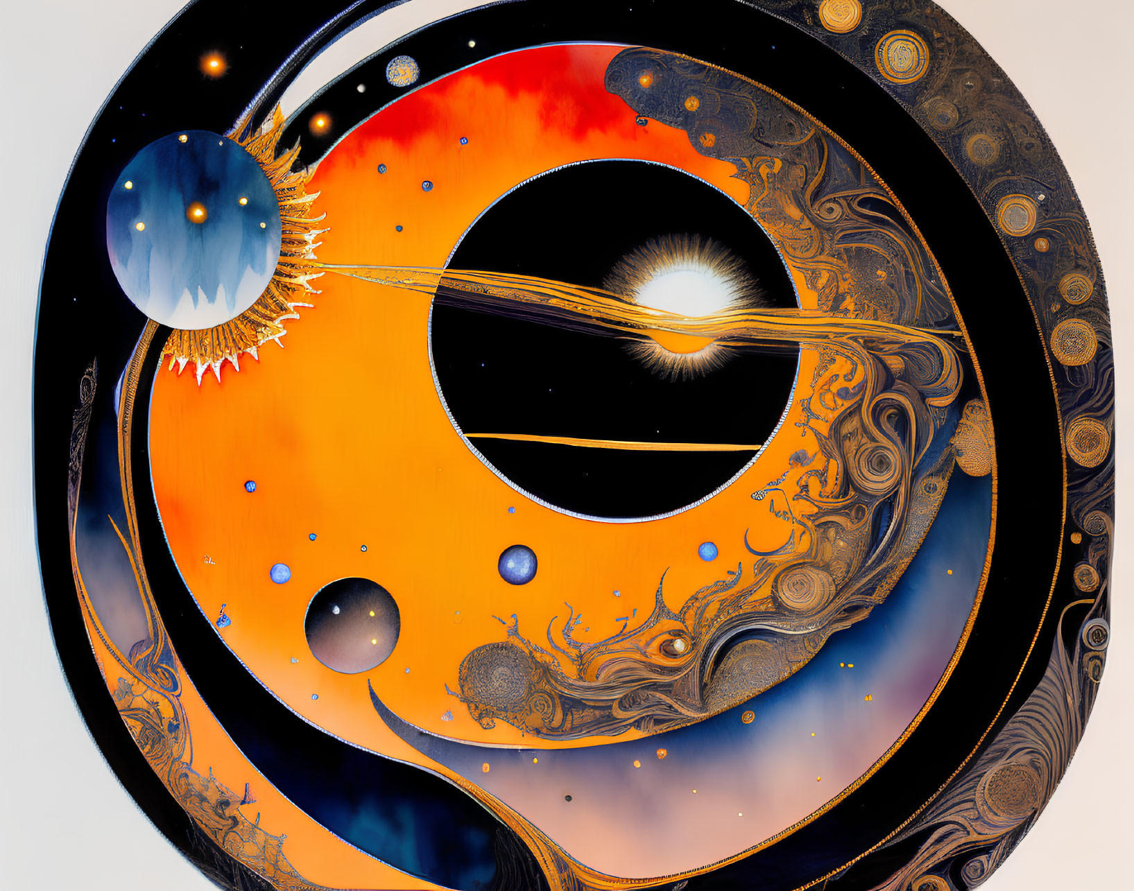 Colorful Abstract Circular Painting of Celestial Bodies in Orange, Blue, and Black
