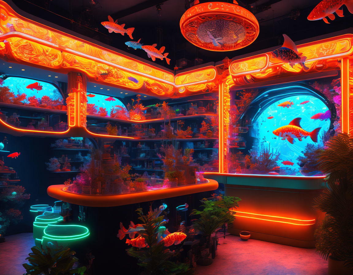 Vibrant Fish and Glowing Coral in Futuristic Aquarium