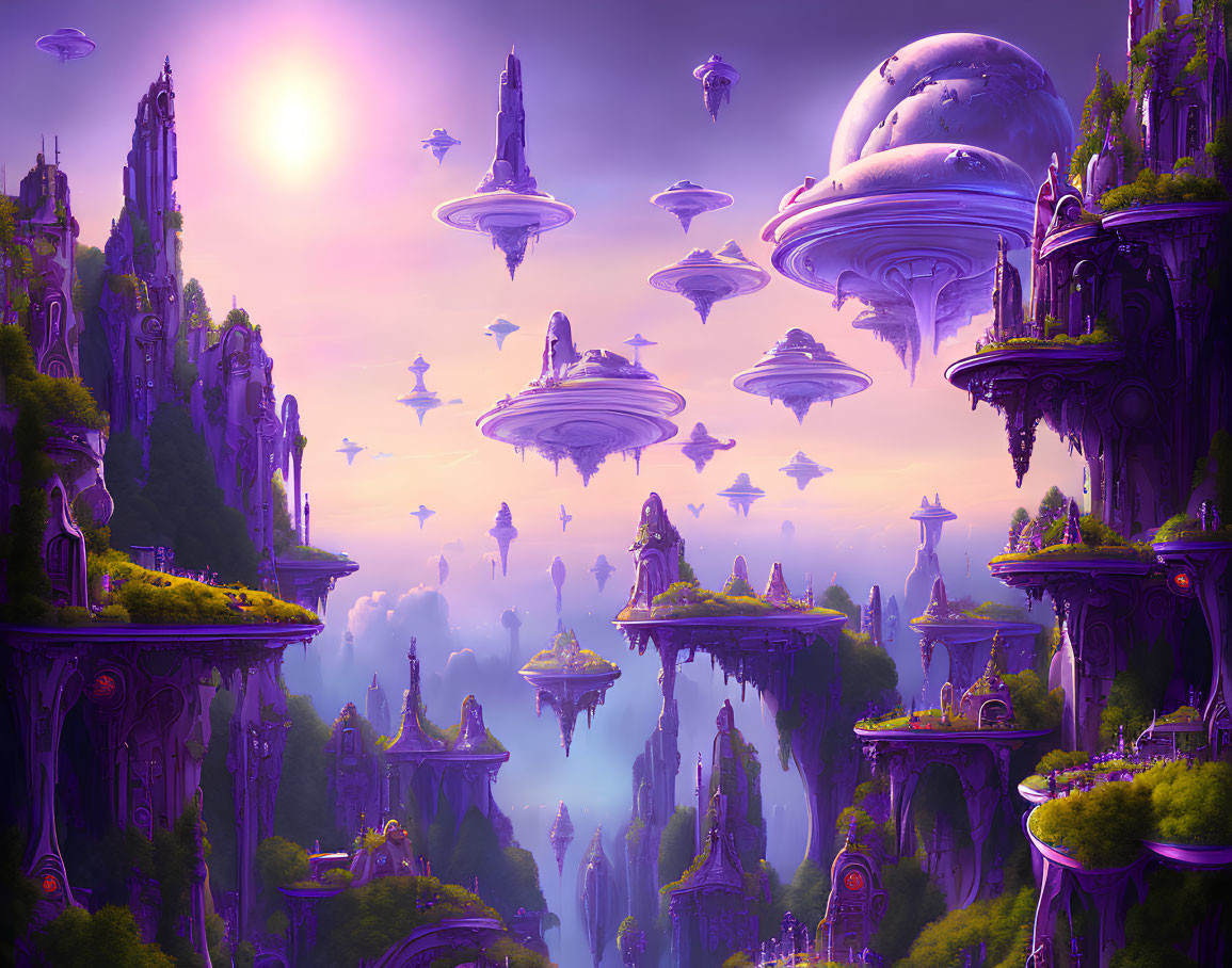 Fantasy landscape with floating islands and alien structures in vibrant purple hues