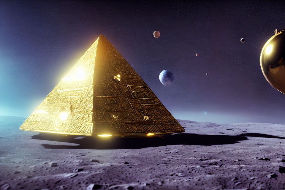 Golden pyramid with hieroglyphs on lunar surface, planets align in background
