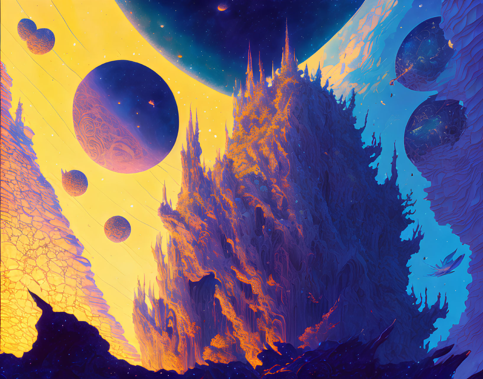 Majestic alien landscape with spires, floating islands, moons, and colorful sky