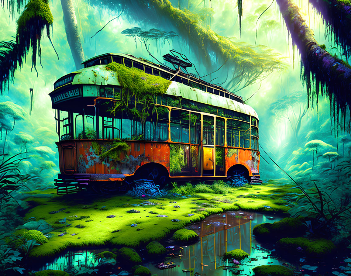 Abandoned moss-covered tram in lush forest with serene pond