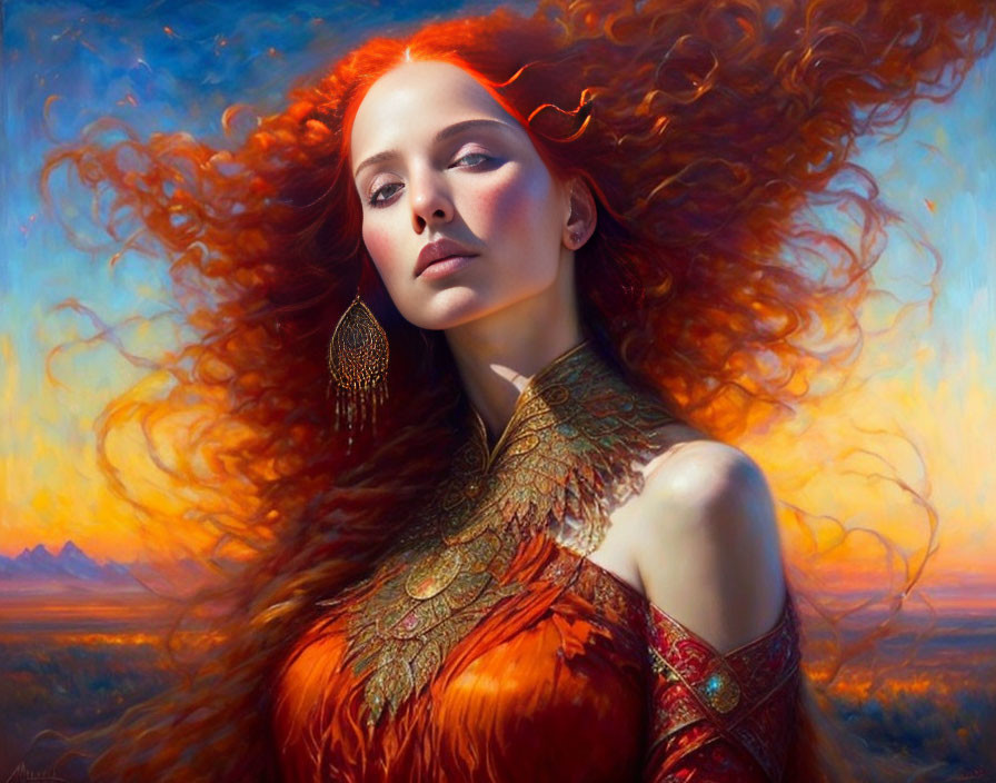 Woman with flowing red hair in ornate orange dress against vibrant sunset landscape