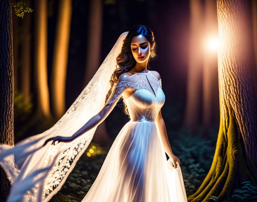 Bride in white dress and veil in mystical forest with sunlight filtering through trees