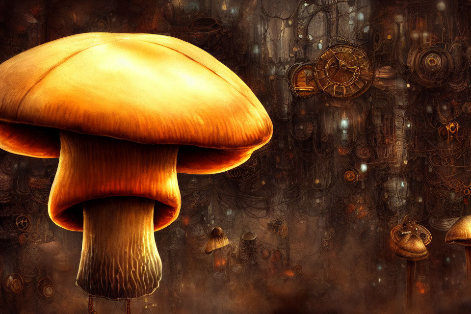 Fantastical oversized mushrooms in industrial steampunk setting