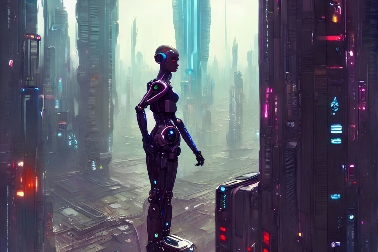 Futuristic humanoid robot overlooking cityscape with skyscrapers and neon lights