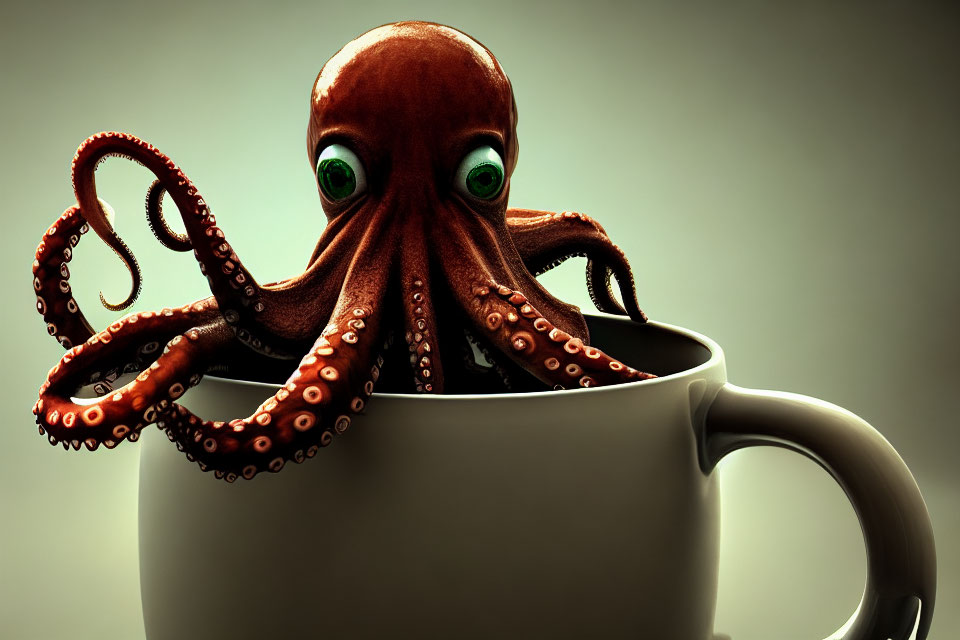 Bright Green-Eyed Octopus in White Coffee Cup on Gradient Background