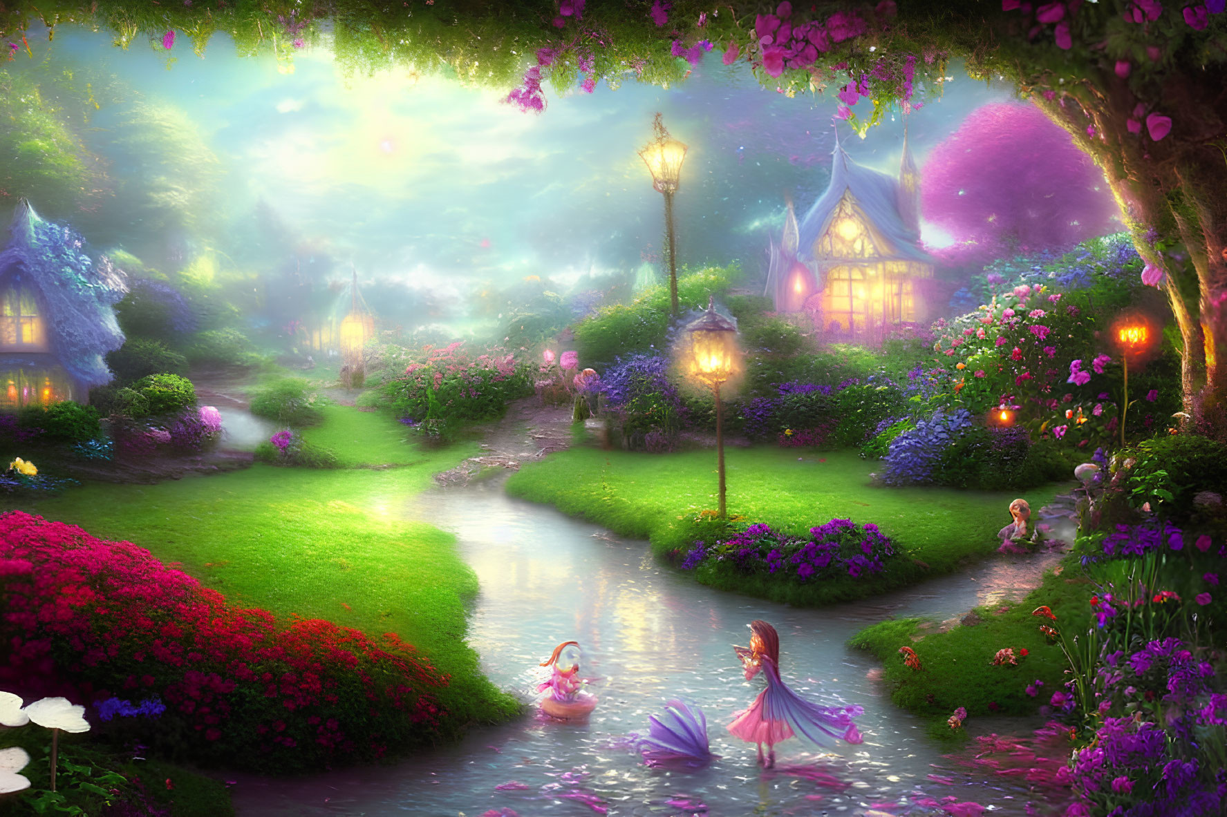 Colorful garden with lanterns, cottages, stream, and ethereal figures among flowers
